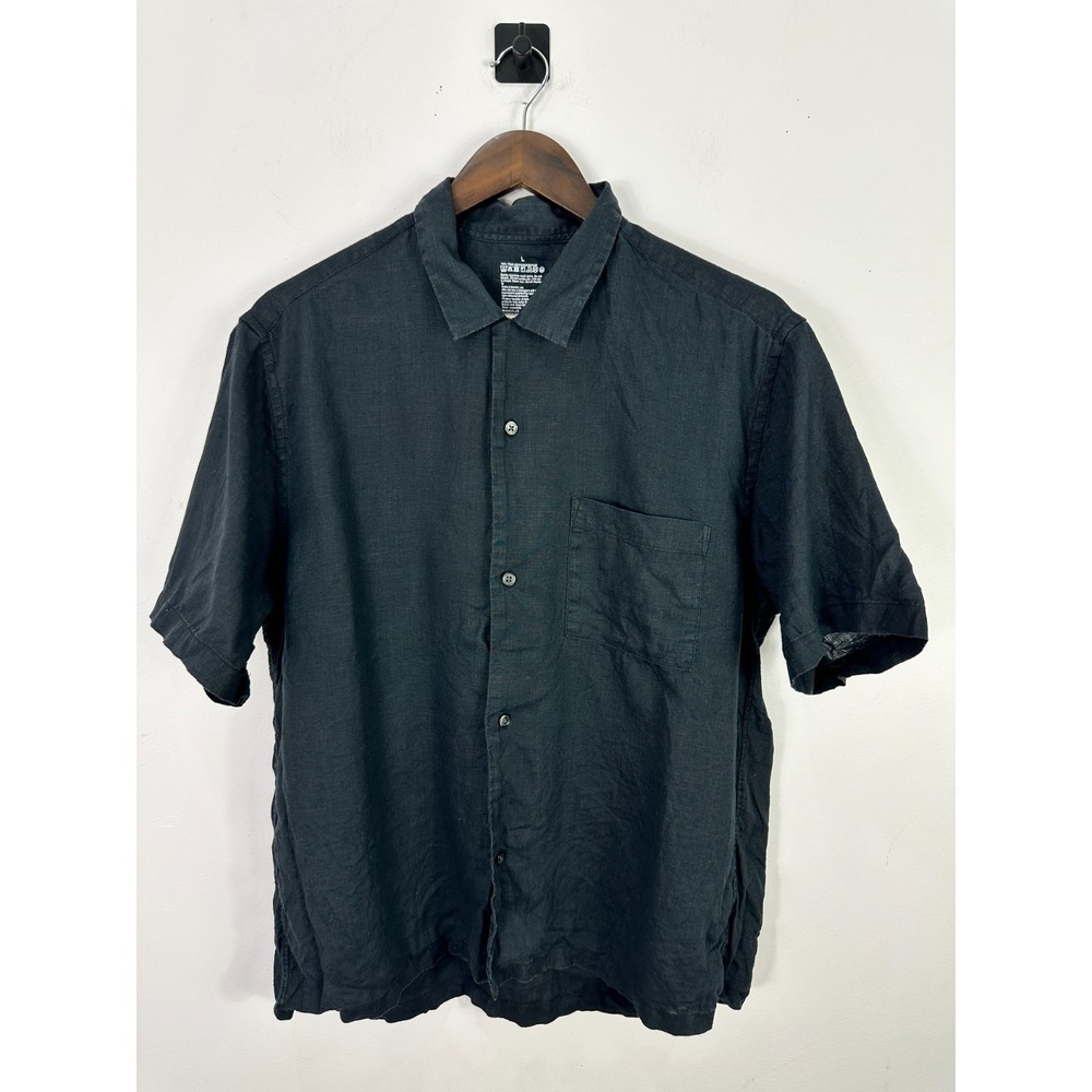 MUJI Hemp Button Up Shirt Mens Large Black Short Sleeve Minimalist Utility